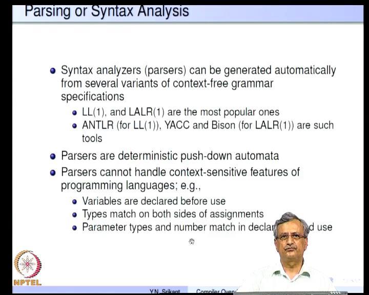 tokens coming into a syntax analyzer. The syntax analyzer looks at the tokens and finds out whether the syntax is according to a grammar specification.