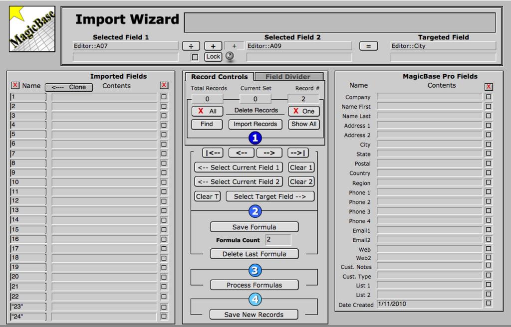The Import Wizard The Import Wizard is divided into four sections: The Instruction and Status Display at the top of the screen The Imported Fields Display on the left The Exported Fields Display on