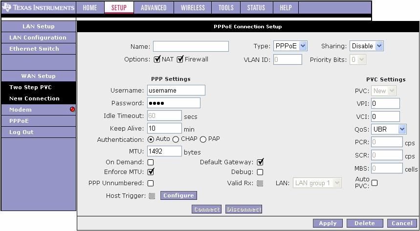 3.4.1.1 Configuring PPPoE Follow the steps listed below to configure: 1. Click the New Connection, PPPoE that will demonstrate default connection pages. 2.