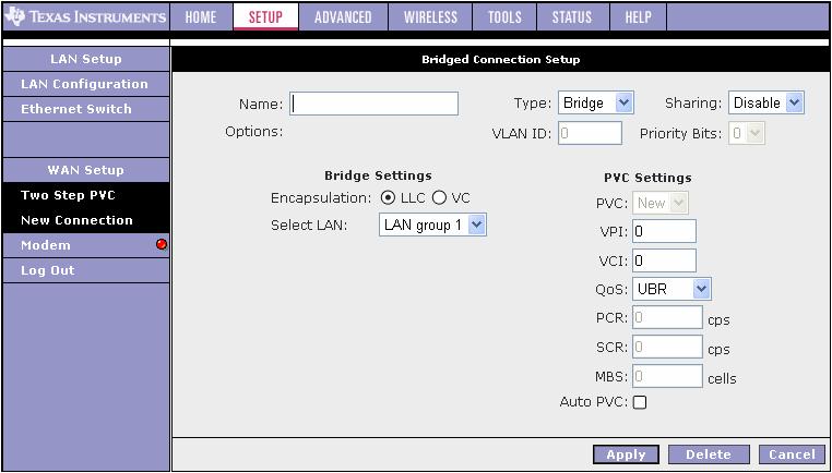 3.4.1.2 Configuring Bridge Following the steps listed below to configure: 1. Click the New Connection, PPPoE that will demonstrate default connection pages. 2.