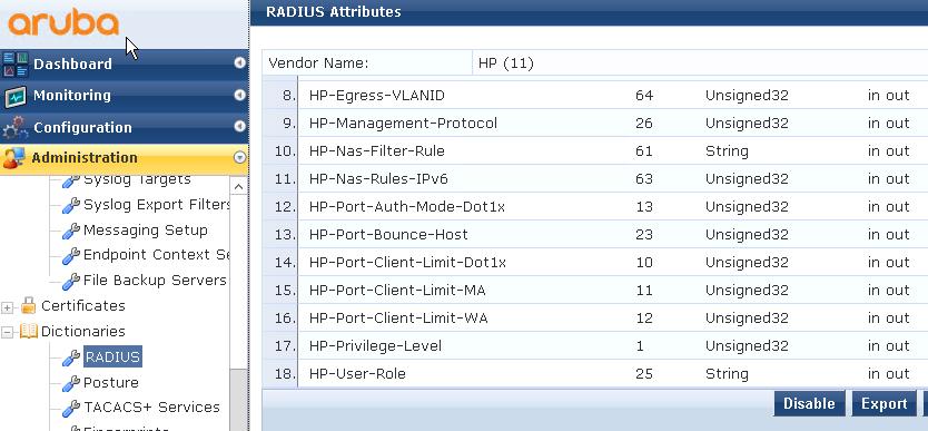 User role assignment based on RADIUS VSA ClearPass updated HP (11) RADIUS dictionary with string