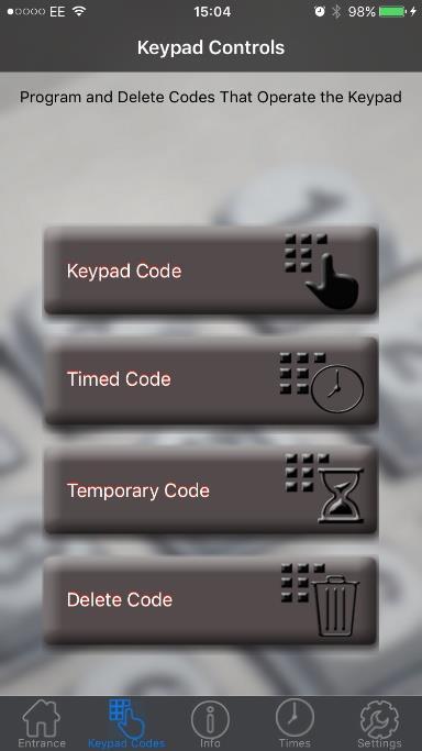 Timed Code Keypad Codes Permanent Code Tip: For time restricted codes. Temporary Code Tip: Select relay 1 or 2. Tip: Enter 1 sec for automatic gates or strike lock, 7 secs for mag lock.
