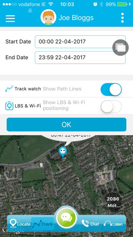 Track - Route History and Playback This feature allows you see the location history of the watch. To see the location history, press the Track icon, set a Start date and End date and Press OK.