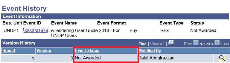 When the Purchase order is created for all line items and quantities in the event, the event status changes to Awarded. If not all quantities are awarded to a PO, status will remain as Pending Award.