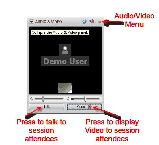 Audio/Video Within Blackboard Collaborate, there is an option to share voice and/or video with the attendees in the session. Click the Talk button to turn on the microphone.