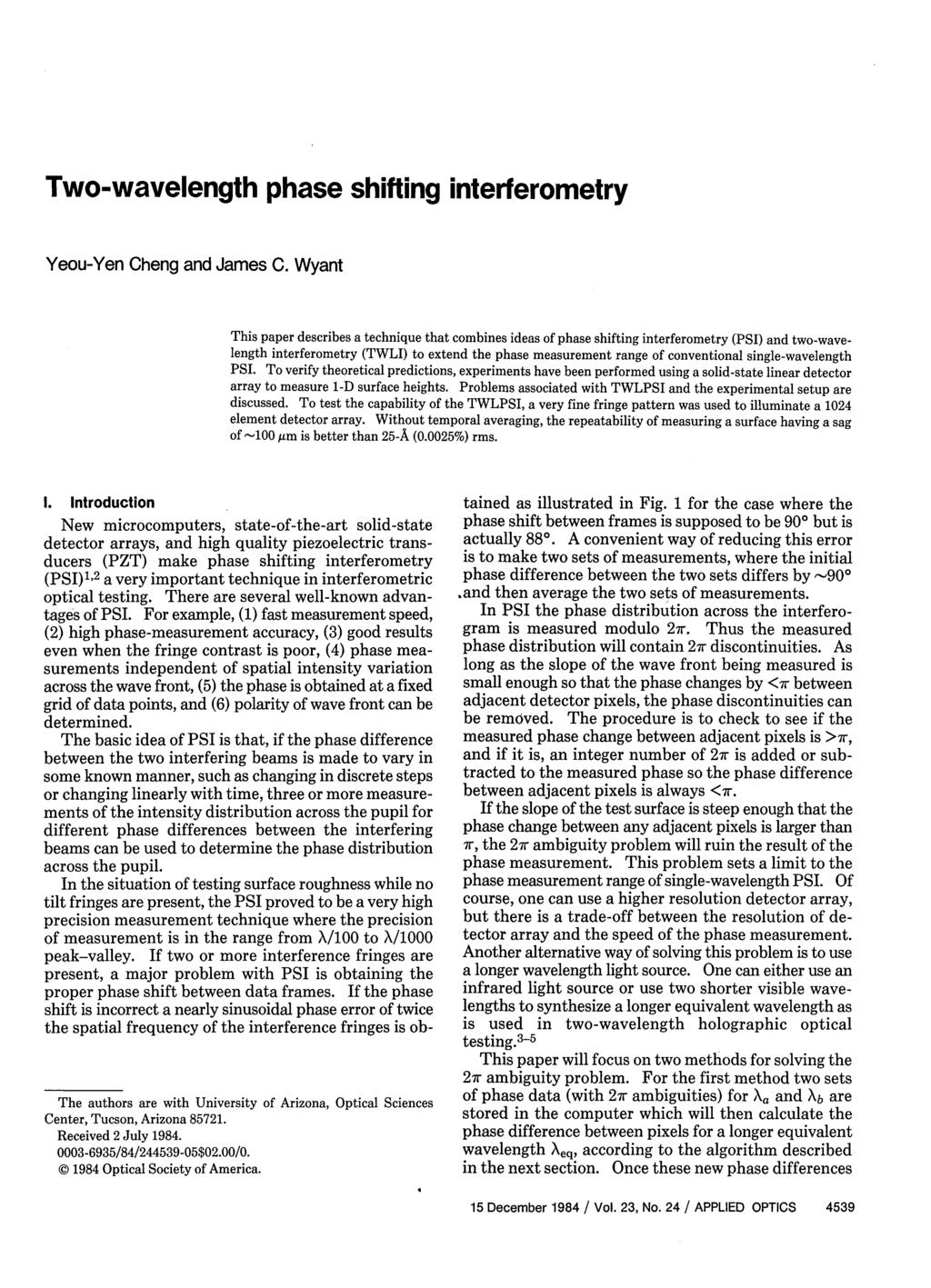 Two-wavelength phase shifting interferometry Yeou-Yen heng and James.