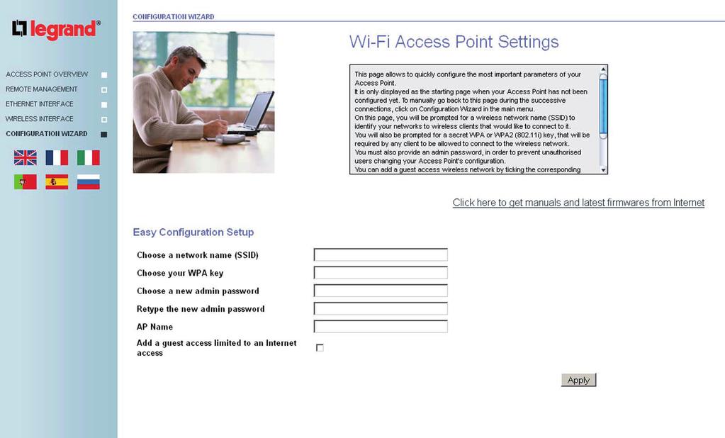 1.3 / CONFIGURATION WIZARD This page provides quick access to the main security features of your Access Point. First enter your chosen network name (Choose a network name (SSID)).