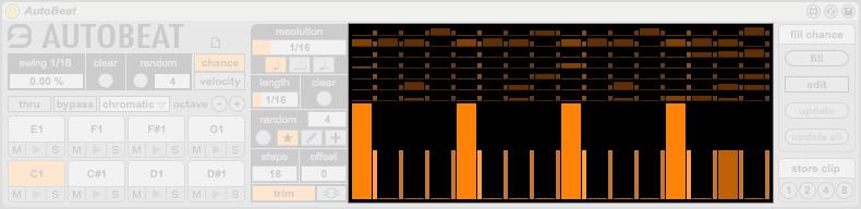 Length defines the length of the MIDI notes generated by the selected voice: this parameter is really helpful if AutoBeat is used with non percussive instruments (bass lines, arpeggiators and so on).