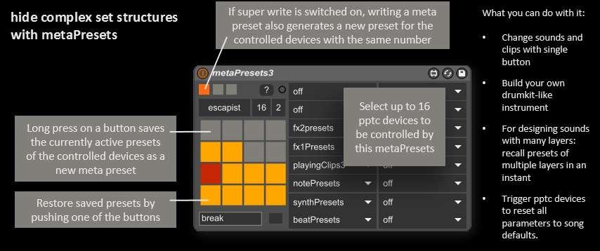 metapresets Use the metapresets Device to combine and control the presets of other PPTC devices.