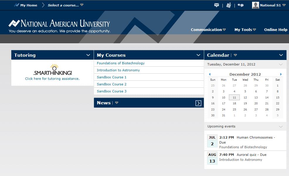 A typical My Home page will look like this: Select the course you wish to enter from either location: The calendar tool now displays in a two-column layout and the calendar selector, used for adding,