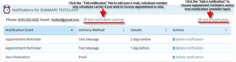 Notifications In the My Accounts section, you have the option to set up email and/or text message notifications for appointment reminders and new medications.
