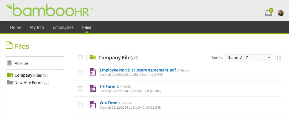 The Employees tab has two viewing options: Company Directory and Organization Chart. The Company Directory shows contact information for all employees in the company.