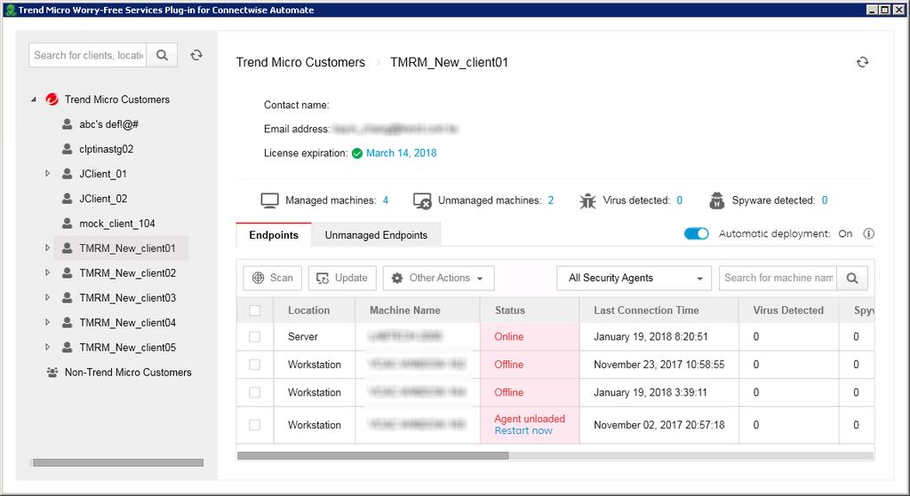 ConnectWise Automate Support Use the information on the Endpoints and Unmanaged Endpoints tabs to send commands to the Worry-Free Security Services Security Agent, or to deploy the agent to endpoints.