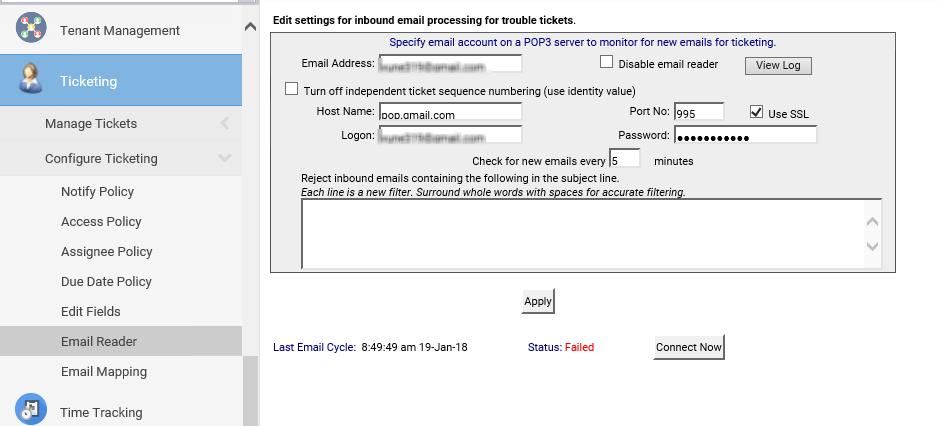 Ensure that the email setting is correct, as shown