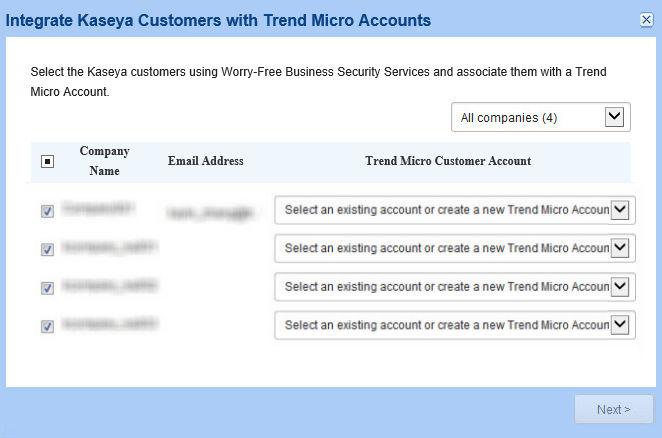 Kaseya Support The Integrate Kaseya Customers with Trend Micro Accounts screen appears. 2.