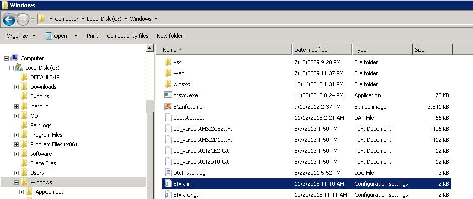 7.2. Administer EIVR.ini From the eone server, navigate to the C:\Windows directory to locate the EIVR.ini file shown below. Open the EIVR.ini file with the Notepad application.