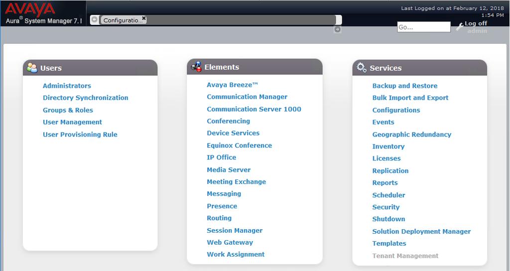 The main page for the administrative interface is shown