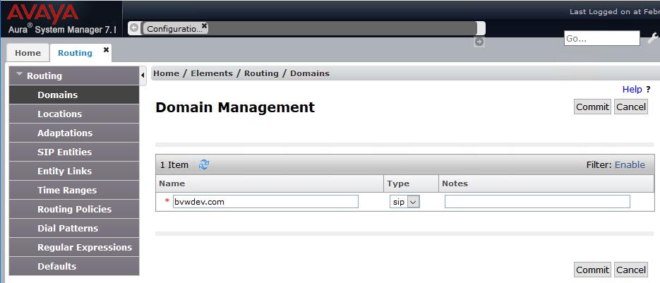 6.1. Configuration of a Domain Navigate to Elements Routing Domains, and click the New button (not shown) to add the SIP domain with the