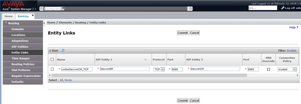 The screen below shows the configuration details for the Entity Link connecting Session Manager with Communication Manager. Name: A descriptive name.
