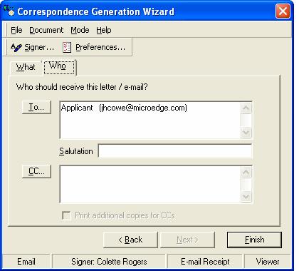 10 Working with Correspondence 3 From the Wizard toolbar, choose Mode and select the type of correspondence that you want to create.