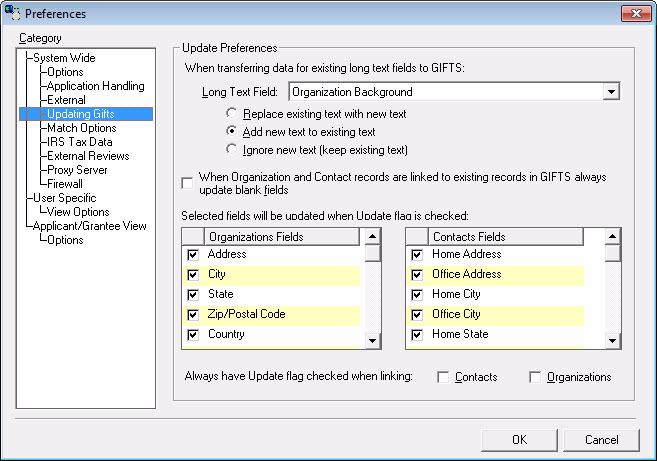 Setting the IGAM Preferences 4 One or more of the following long text fields in GIFTS may be updated automatically: Organization Background Project Description Evaluation Customizer long text fields