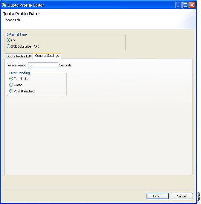 Chapter 4 Gy Support Configuration Configuring the Quota Manager General Settings You can configure the general quota settings from the General Settings tab of the Quota Profile Editor, as shown in