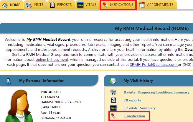 You can access this page by clicking on the Medications tab from the top menu or from