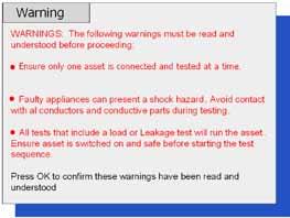 On completion of the initialisation the following warning screen is displayed when the PAT tester is switched on.