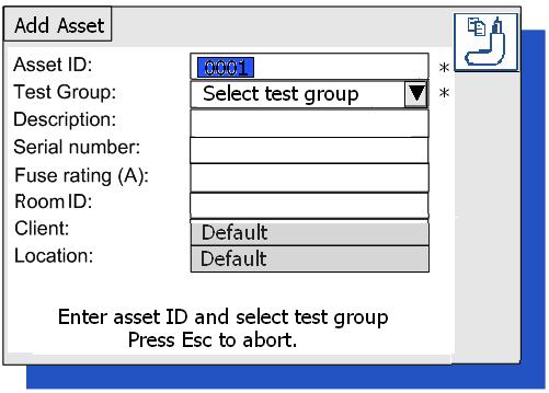 Alternatively to search through the asset database, press the FIND ASSET HOTKEY.3 If the asset is not in the database, a blank TEST ASSET screen will appear.