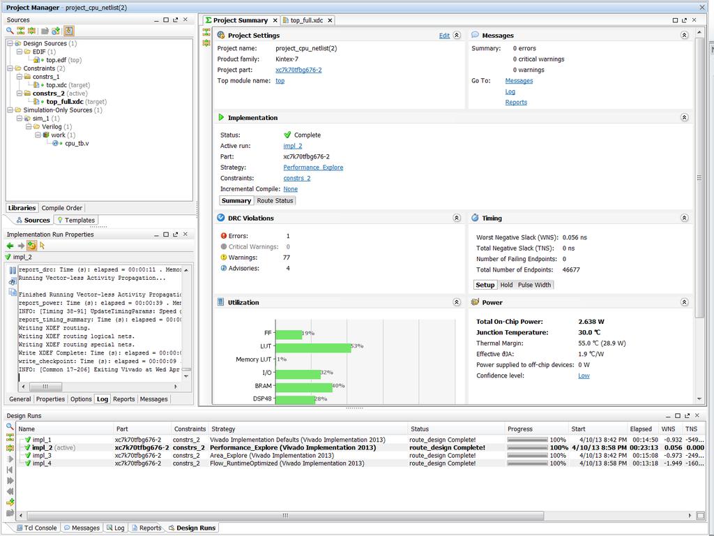 Step 4: Analyzing Implementation Runs Using Modified Timing Constraints Figure 16: Project Summary Window 9.