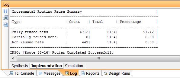 Conclusion 4. Open the log file to view an Incremental Routing Summary: a. Select the Log tab in the Results Window Area. b. Scroll to the Incremental Routing Reuse Summary.