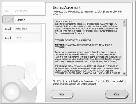 7 Click [Yes] if you agree to all of the terms of the software license agreement. The installation will start.