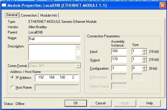 Configure the Module Properties: - Enter a name that will be tagged later on (here Rail) - Enter IP address on the ETX Module - Choose Assembly Instance Input, Output, and sizes - should always be