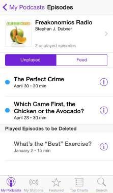 Preview or stream an episode. Tap the podcast, then tap an episode. View unplayed episodes. View available episodes. Pull down to see Edit, Settings, and Share options. Get more info.