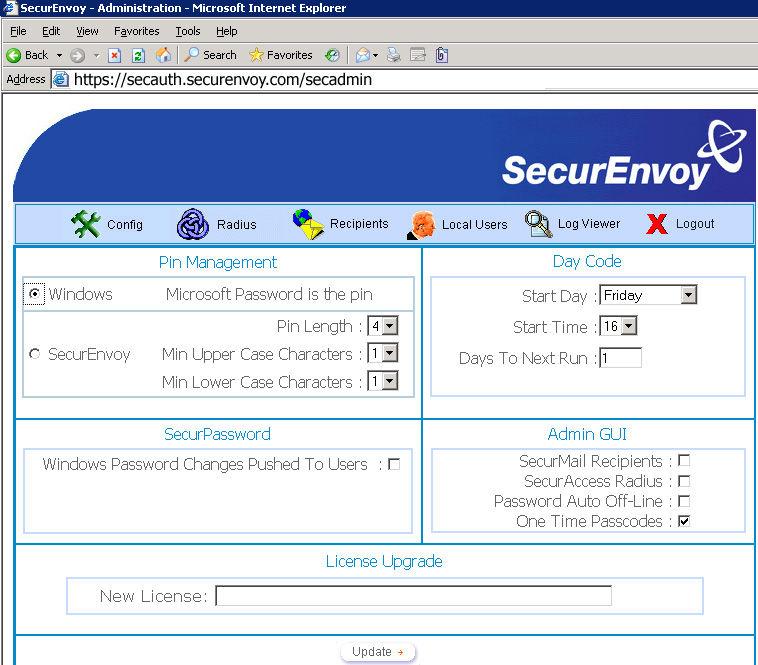 3.0 Configuration of SecurEnvoy To help facilitate an easy to use environment, SecurEnvoy can utilise the existing Microsoft password as the PIN.