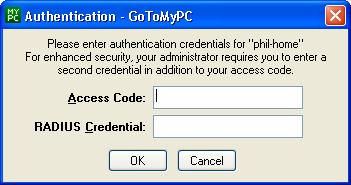 The following screen is displayed. Enter your access code (this is supplied by your company administrator of GoToMyPc). Enter your Radius credential; this is your PIN appended with the passcode.