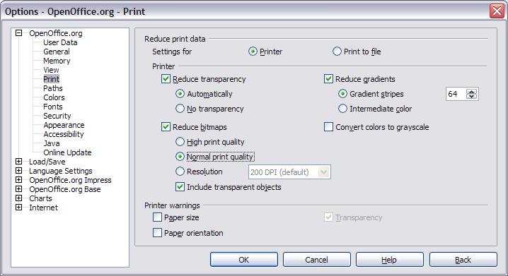 Figure 3. Print options for OpenOffice.