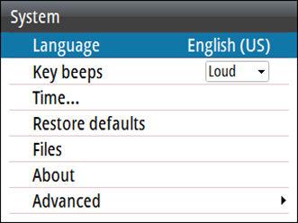 Ú Note: The following settings are described in other sections of this manual: "Autopilot computer setup" on page 37 "Alerts" on page 59 System settings Language Controls the language used on this