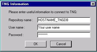 3. When the following TNG Information box is displayed, enter the name of the Unicenter TNG repository you will be working with as well
