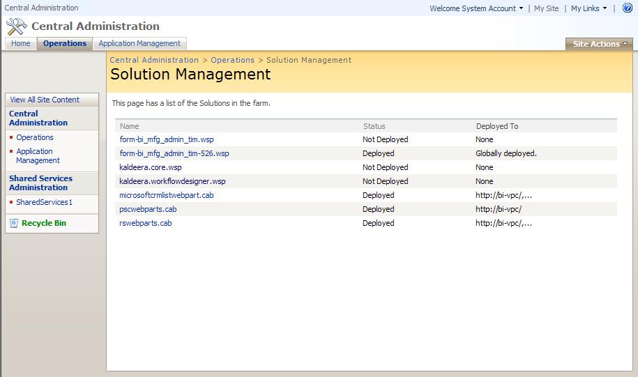 4. The Solution Management page is now shown. Here, you can see a list of all solutions installed on your farm. Click on kaldeera.core.