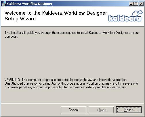 Client requirements (only for Workflow Designer): Internet Explorer v7.0 or greater Microsoft Silverlight 2.0 Running the Kaldeera Setup Program To install Kaldeera Workflow Designer: 1.