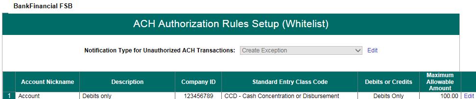 If the posted items meet the Whitelist criteria, no ACH exception will be created. A. Select ACH Authorization Rules Setup (Whitelist) from the side Navigation menu under Client Add/Edit. B.