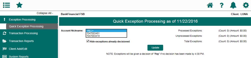 D. If you are returning an exception item, check the Return option and select you return reason. E. Click the Update button at the top of the page.