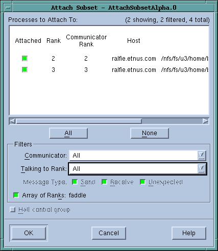 Subset Attach TotalView does not need to be attached to the entire job You can be attached to different subsets at different times through the run You can attach to a subset, run