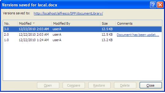 Manage a document View a previous version of the document Any version listed in the Versions saved for local.docx dialog box is available to be viewed.