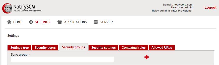 icon. Figure 112: sec server home screen admin Select the Security groups tab.