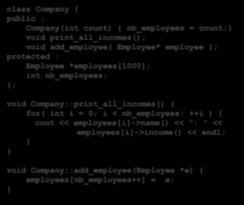 Company::print_all_incomes() { for( int i = 0; i < nb_employees; ++i ) { cout << employees[i]->name() <<