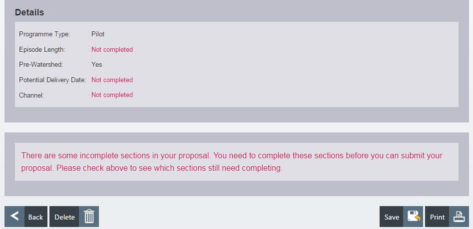 The Submit page will show you any sections that require completion by