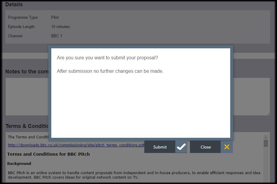 Upon clicking Submit a window will be displayed asking