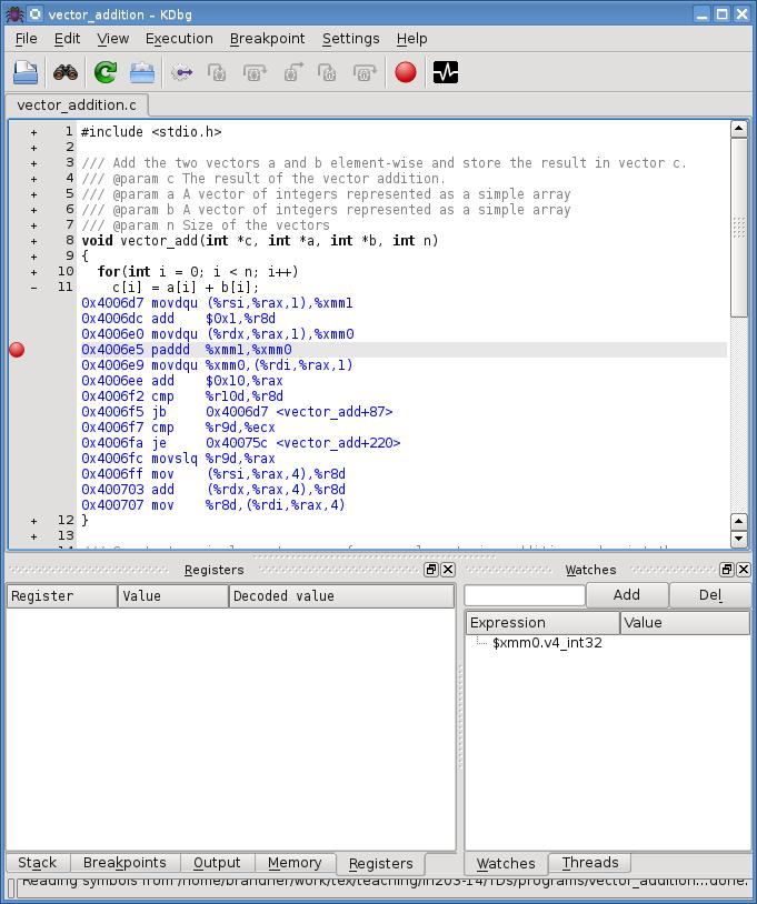 Figure 3: The graphical interface of kdbg. You can set a break point using the red button at the top of the window.